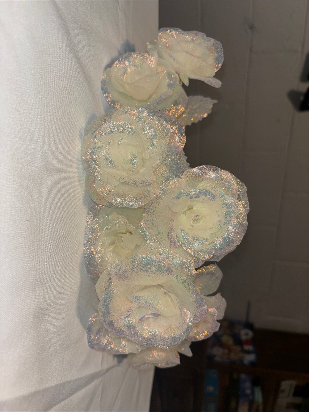 Iridescent Acrylic White Roses with Gold Stems- Floral Accents